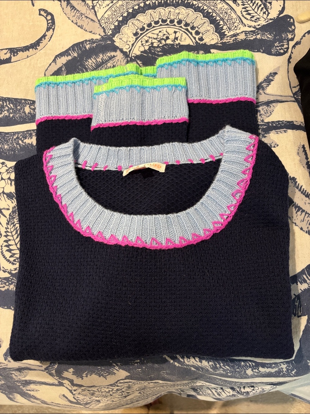 Lisa Todd Navy Crewneck Sweater with Blue, Pink & Neon Green Trim - Picture 3 of 5